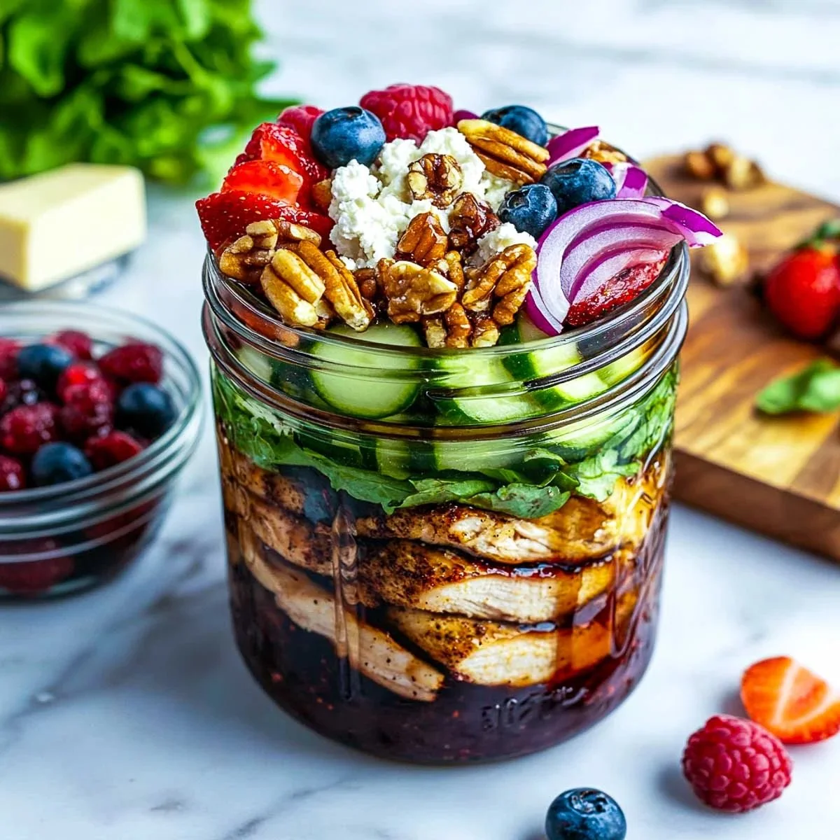 Balsamic chicken served with berries in a mason jar for a healthy dish.