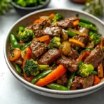 Beef stir-fry with colorful vegetables in a skillet