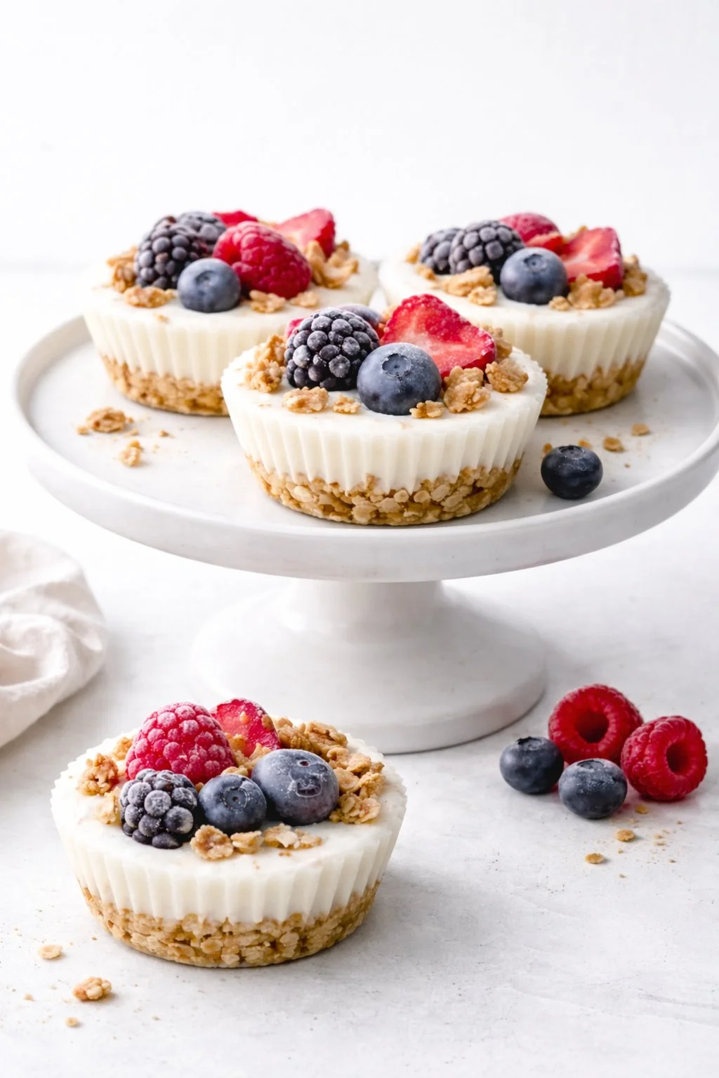 Berry-topped frozen yogurt granola cups served in a white bowl on a wooden table