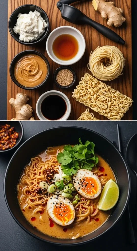 Bowl of delicious miso peanut ramen topped with green onions