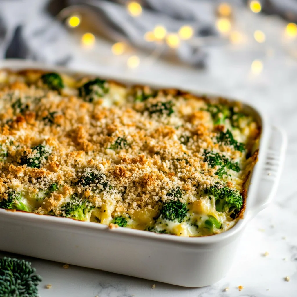 Baked broccoli cheese casserole in a dish, topped with melted cheese.