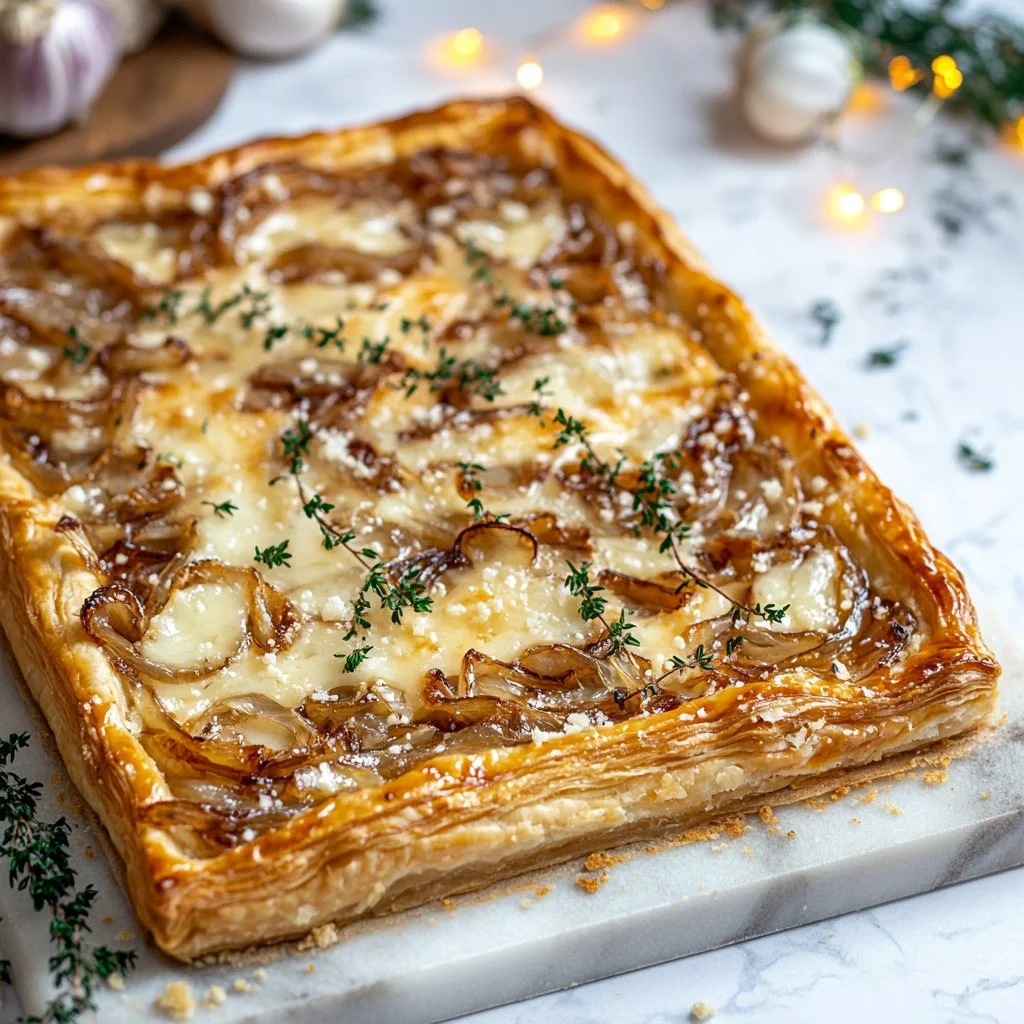 Delicious caramelized onion tart freshly baked on a wooden board