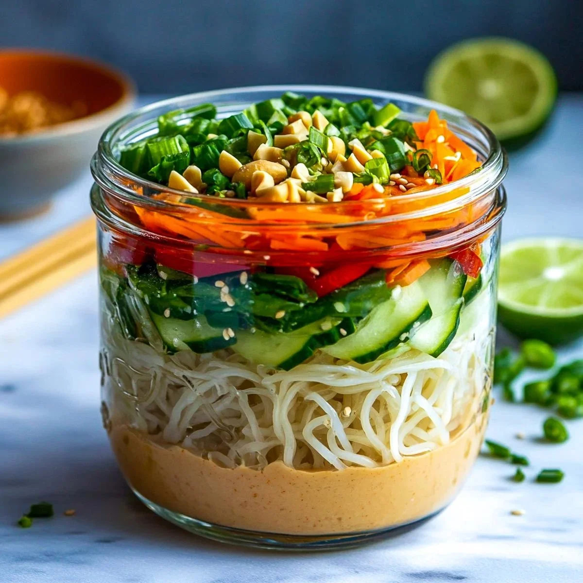 Cold sesame noodles in a jar with colorful vegetables