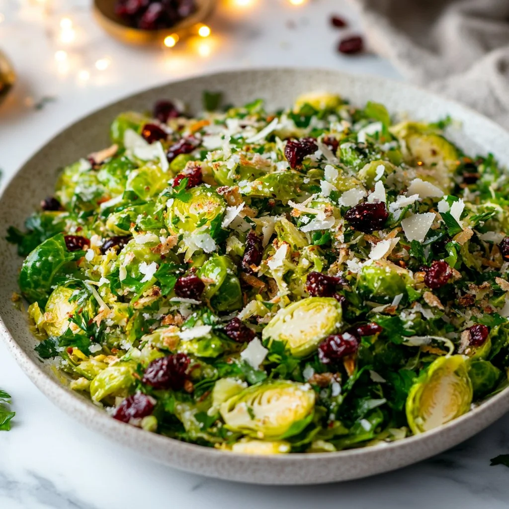 Cranberries and Parmesan Brussels Sprouts Salad in a bowl
