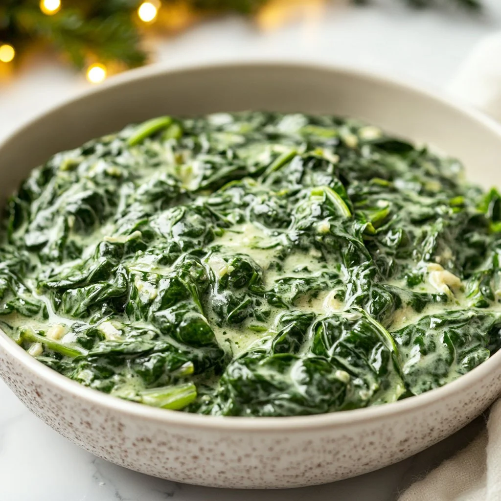Delicious creamed spinach served in a white dish, garnished and ready to eat.