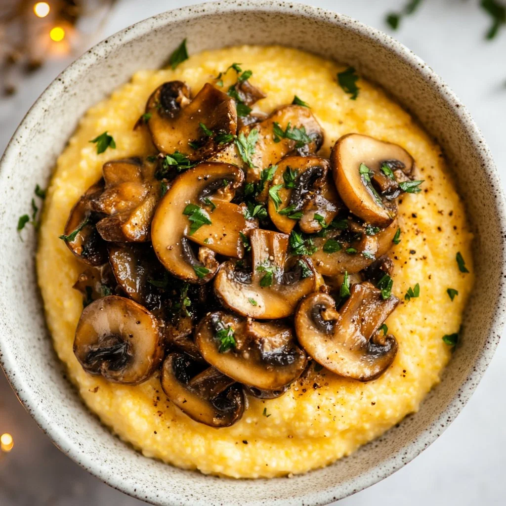 Bowl of creamy polenta topped with sautéed mushrooms, a comforting dish.
