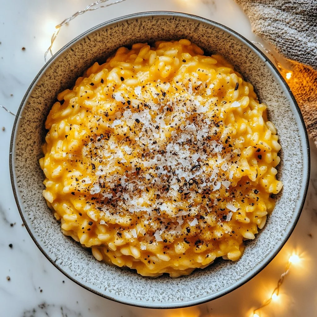 Creamy pumpkin risotto garnished with fresh herbs