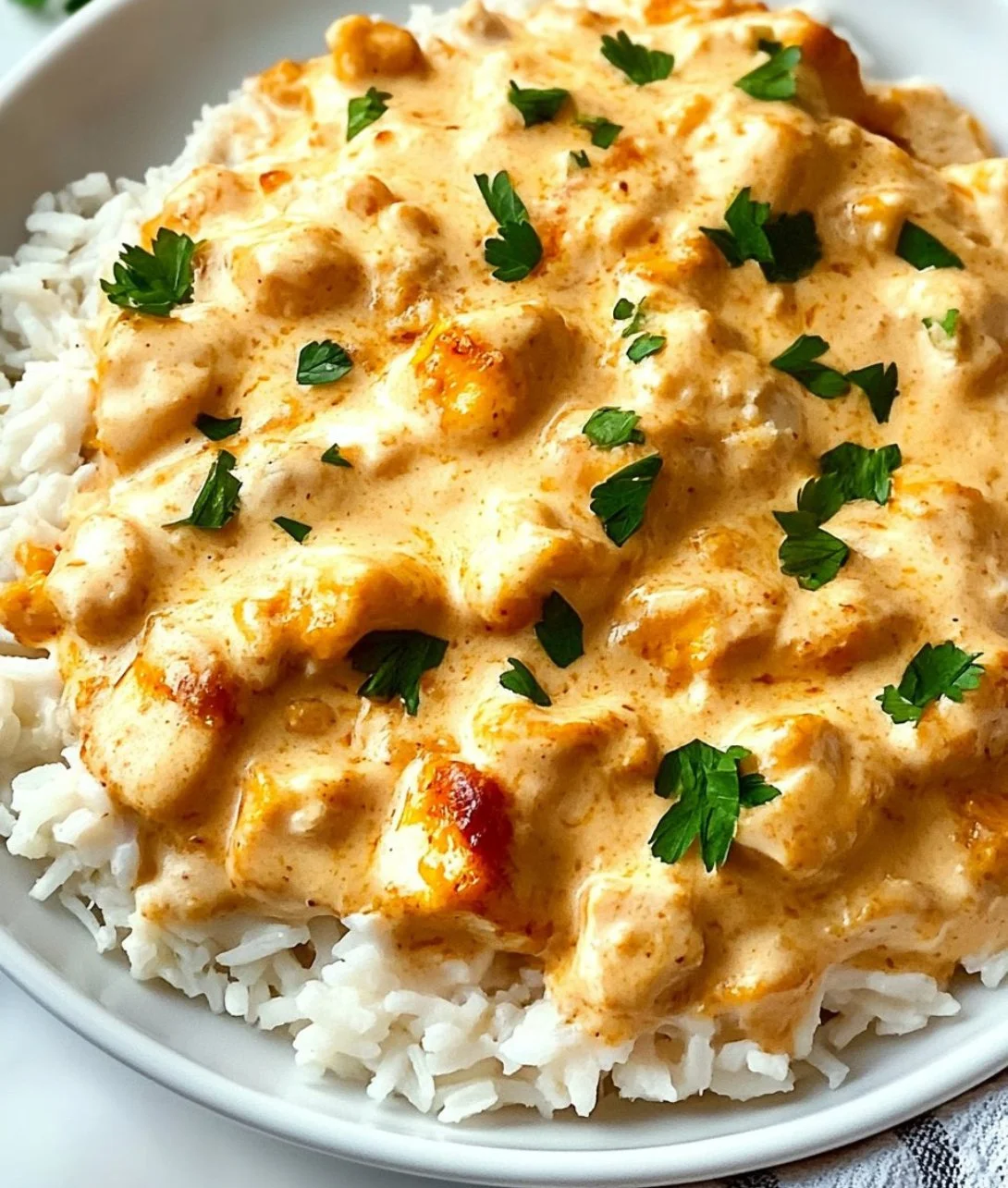 Creamy smothered chicken served with rice in a cozy one-pan dish