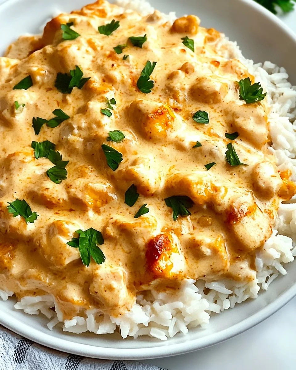 Creamy smothered chicken served over rice in a delicious sauce