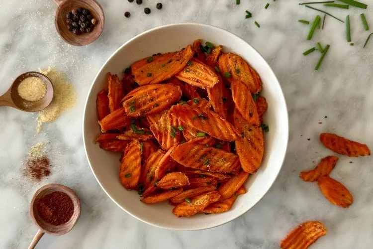 Crispy carrot chips made in an air fryer, healthy snack option