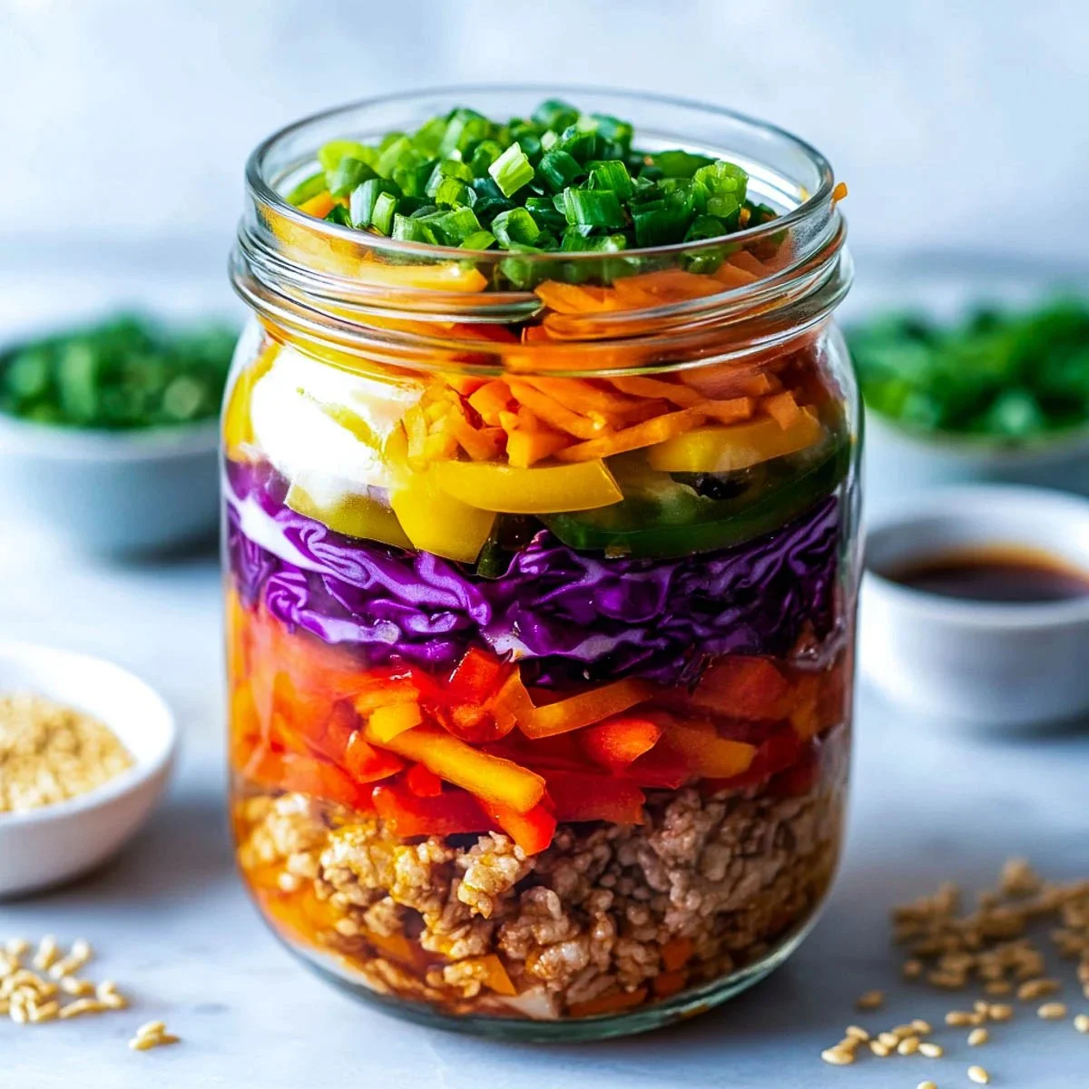 Egg Roll in a Jar recipe showcasing layers of ingredients for a comforting meal.