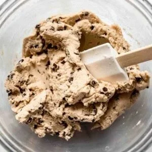 Eggless edible cookie dough in a bowl with chocolate chips
