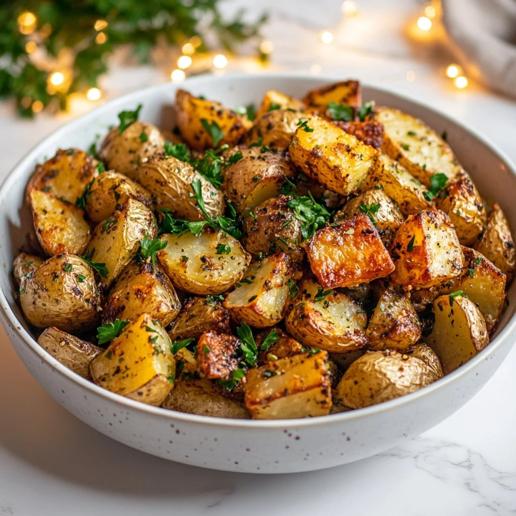 Deliciously crispy garlic roasted potatoes served in a bowl