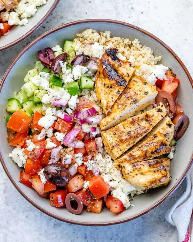 Delicious Greek Chicken Bowl with fresh vegetables and grilled chicken