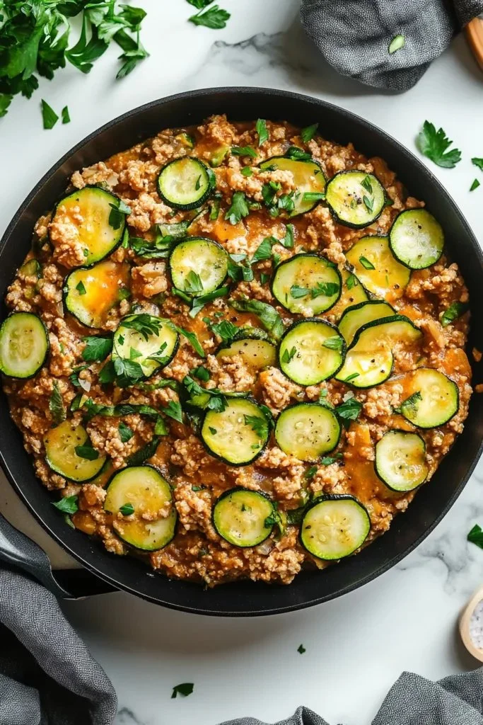 Ground Turkey Zucchini Skillet dish served in a skillet with fresh ingredients