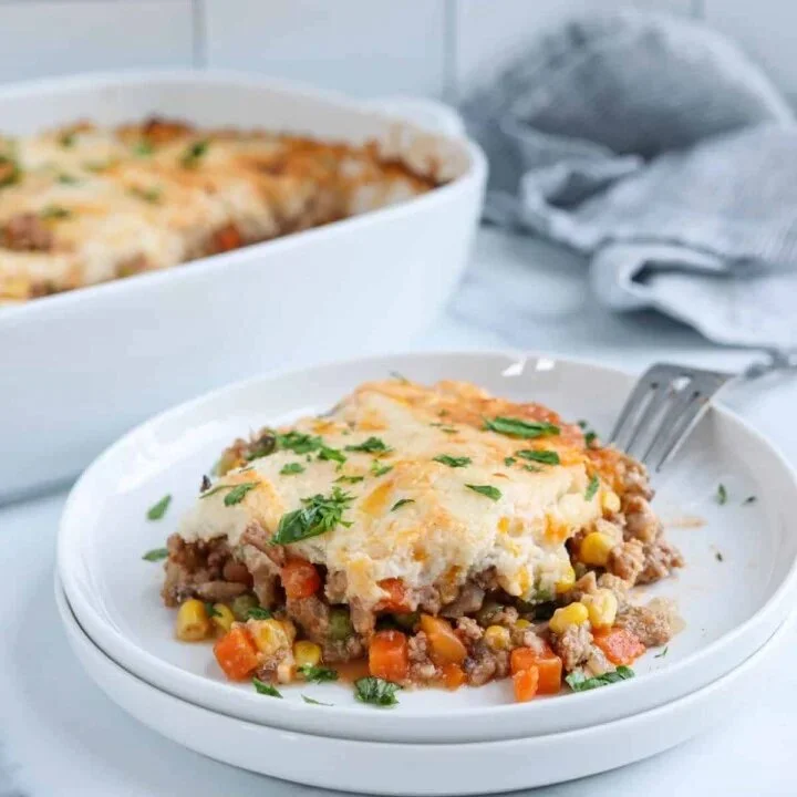 Ground Turkey Shepherd's Pie served in a baking dish