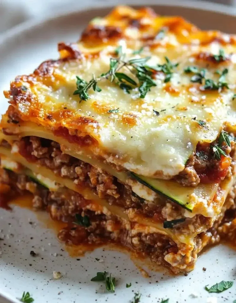 Healthy ground turkey zucchini lasagna with layers of cheese and sauce