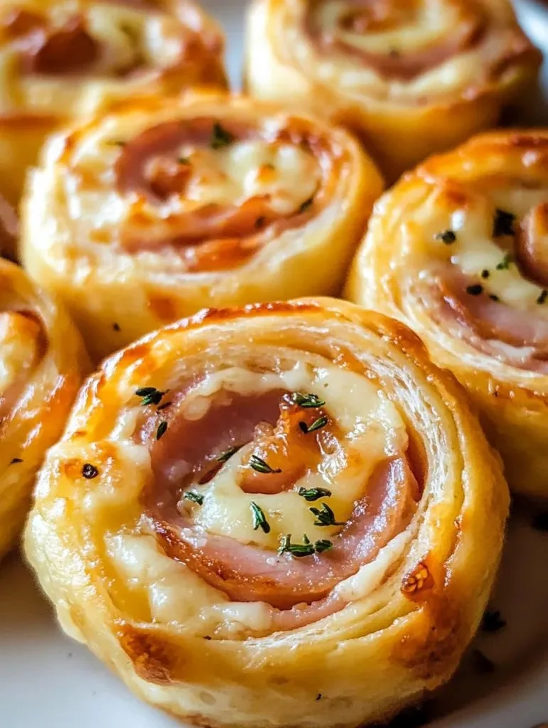 Plate of homemade ham and cheese pinwheels with fresh herbs.
