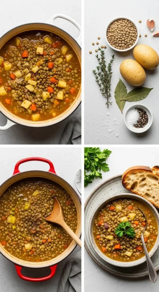 Bowl of healthy lentil potato soup served with fresh herbs on top