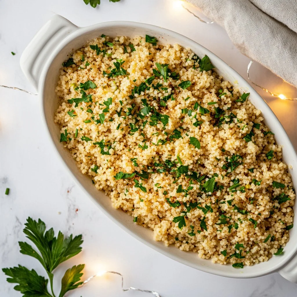 Bowl of flavorful herbed couscous garnished with fresh herbs