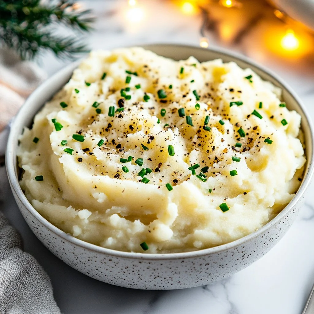 Delicious creamy mashed potatoes served in a bowl with butter and herbs.