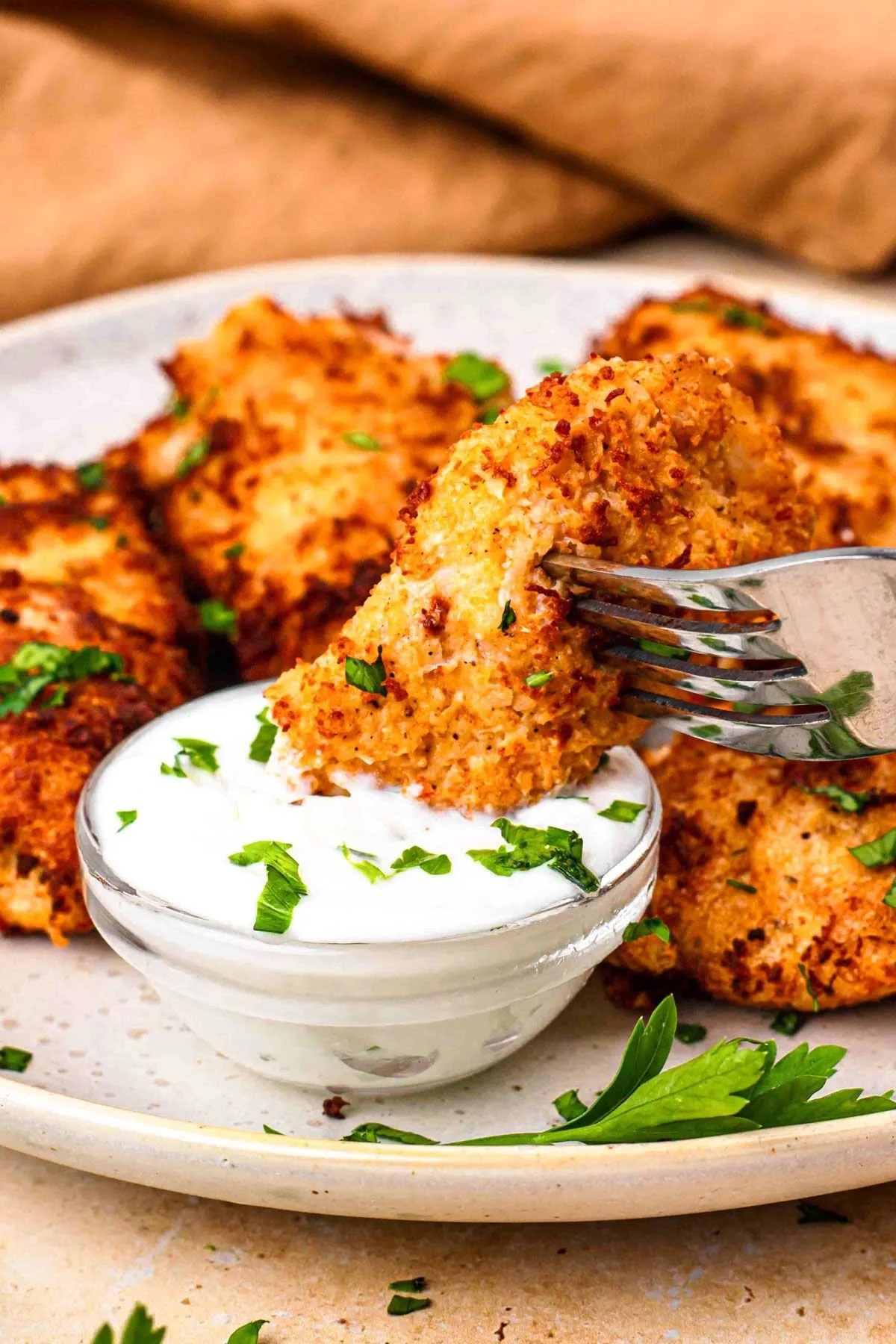 Crispy Keto Fried Chicken Tenders served with dipping sauce
