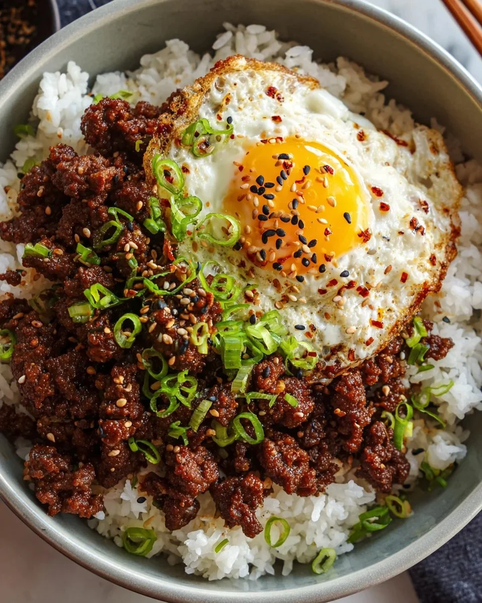 Delicious Korean Ground Beef Bowl served with rice and vegetables