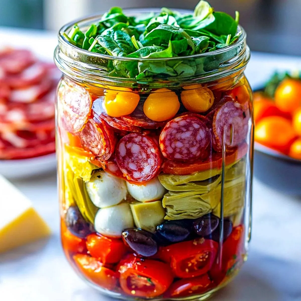 Layered Italian antipasto salad in a mason jar, perfect for picnics.