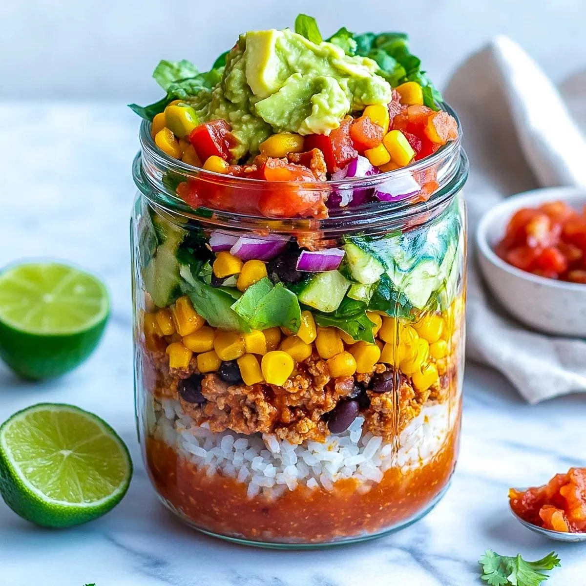 Layered Mason Jar Burrito Bowl featuring colorful fresh ingredients