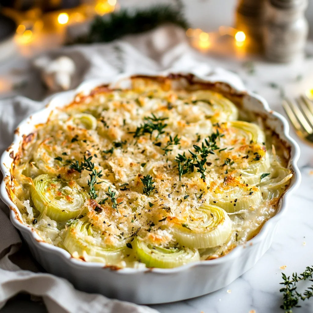 Delicious homemade leek gratin topped with golden cheese and herbs