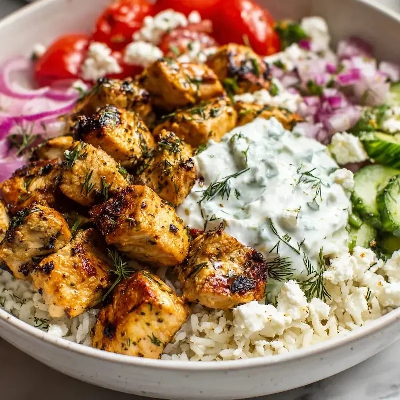 Mediterranean Lemon Chicken Bowl topped with fresh dill and colorful vegetables