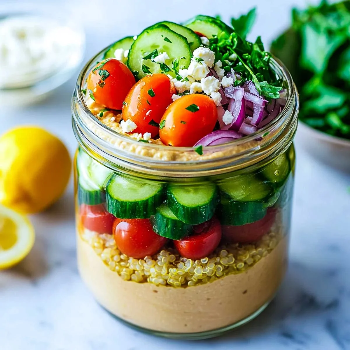 Mediterranean quinoa hummus jar filled with vibrant ingredients and sunshine