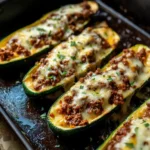 Minute Ground Beef Zucchini Boats topped with cheese and fresh herbs
