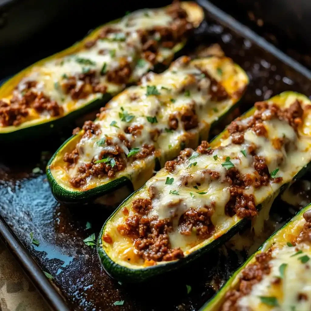 Minute Ground Beef Zucchini Boats topped with cheese and fresh herbs