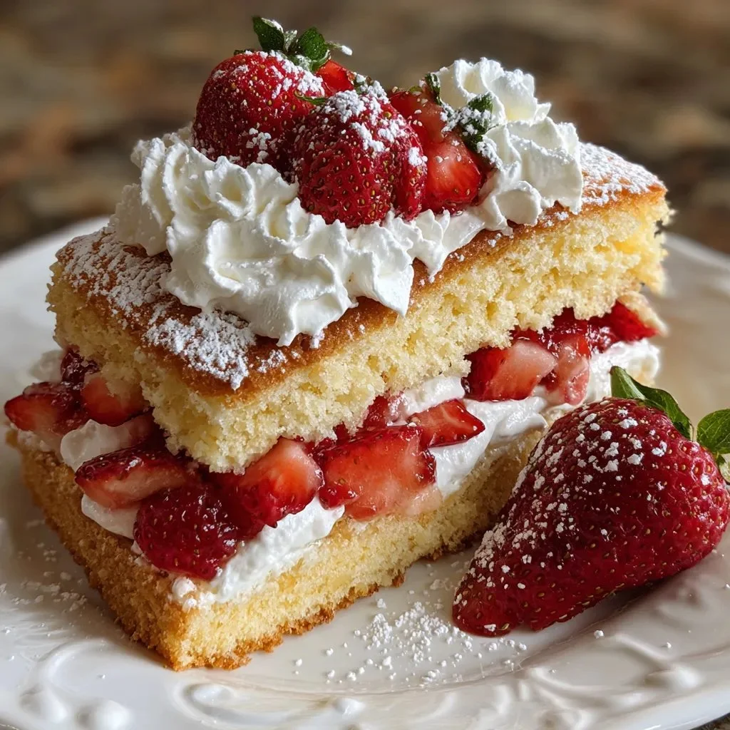 Moist classic strawberry shortcake with fresh strawberries and whipped cream