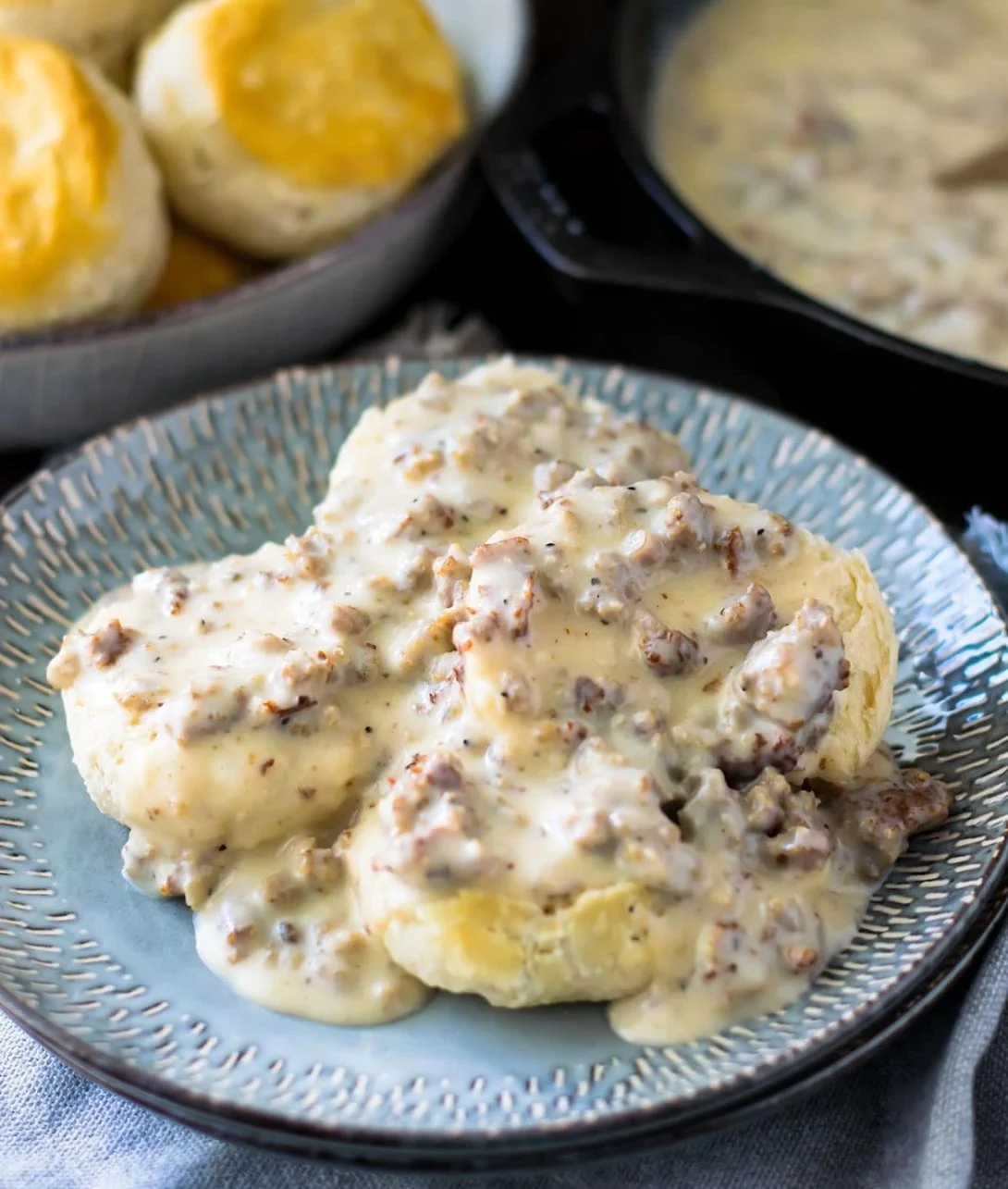 Delicious homemade sausage gravy served in a skillet for breakfast