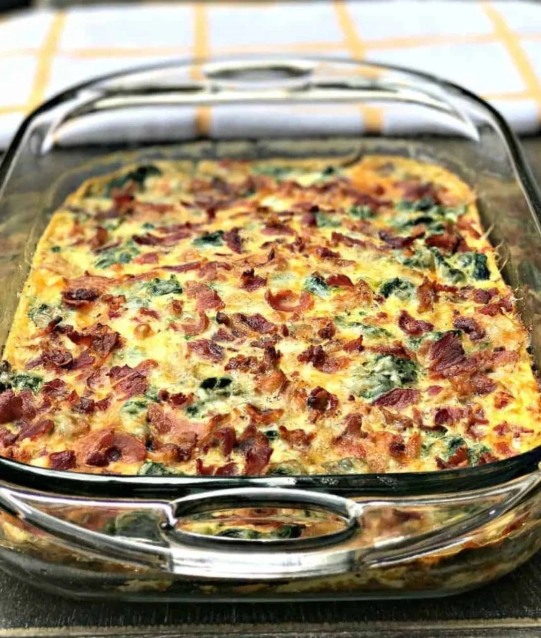 Keto low-carb bacon egg breakfast casserole served in a dish