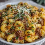 Delicious one-pan cheeseburger macaroni served in a bowl with toppings.