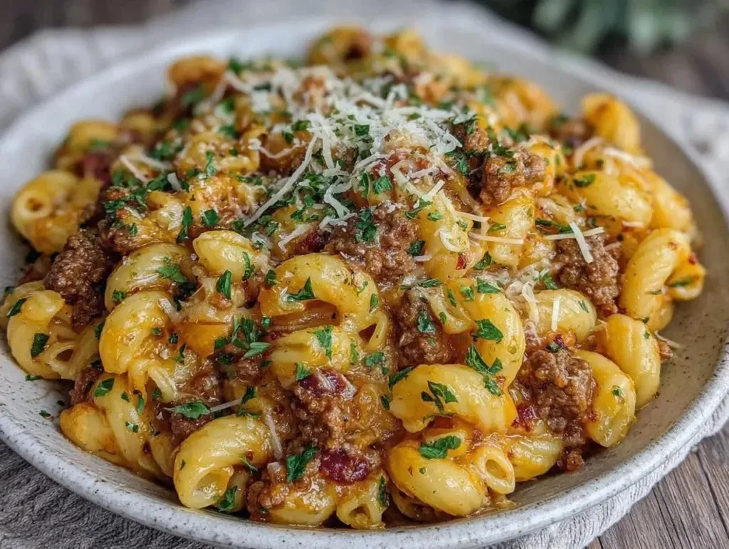Delicious one-pan cheeseburger macaroni served in a bowl with toppings.