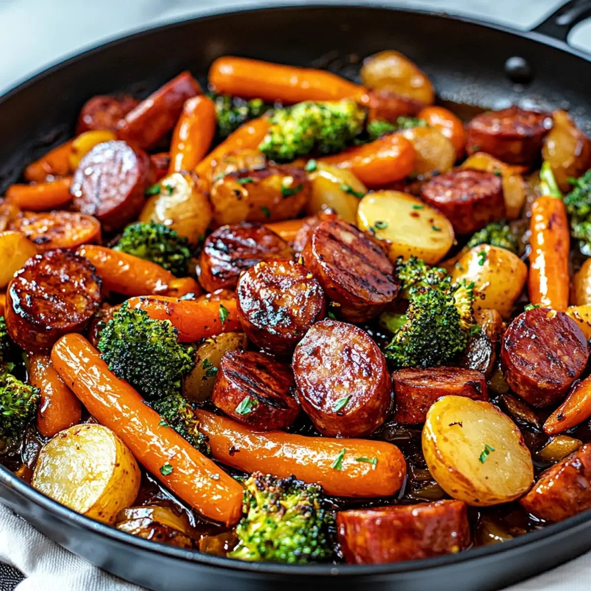 One-Pan Honey Garlic Kielbasa with assorted vegetables