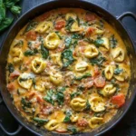 One-Pot Creamy Spinach Tomato Tortellini dish with vibrant colors and creamy texture
