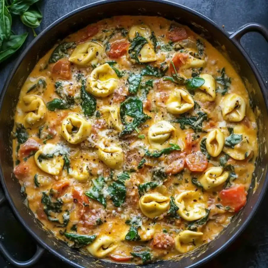 One-Pot Creamy Spinach Tomato Tortellini dish with vibrant colors and creamy texture