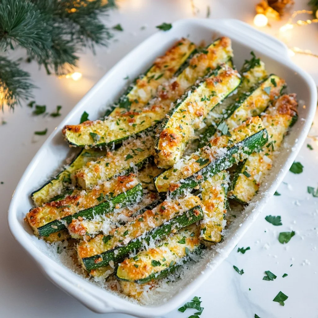 Plate of oven-baked Parmesan zucchini slices garnished with herbs