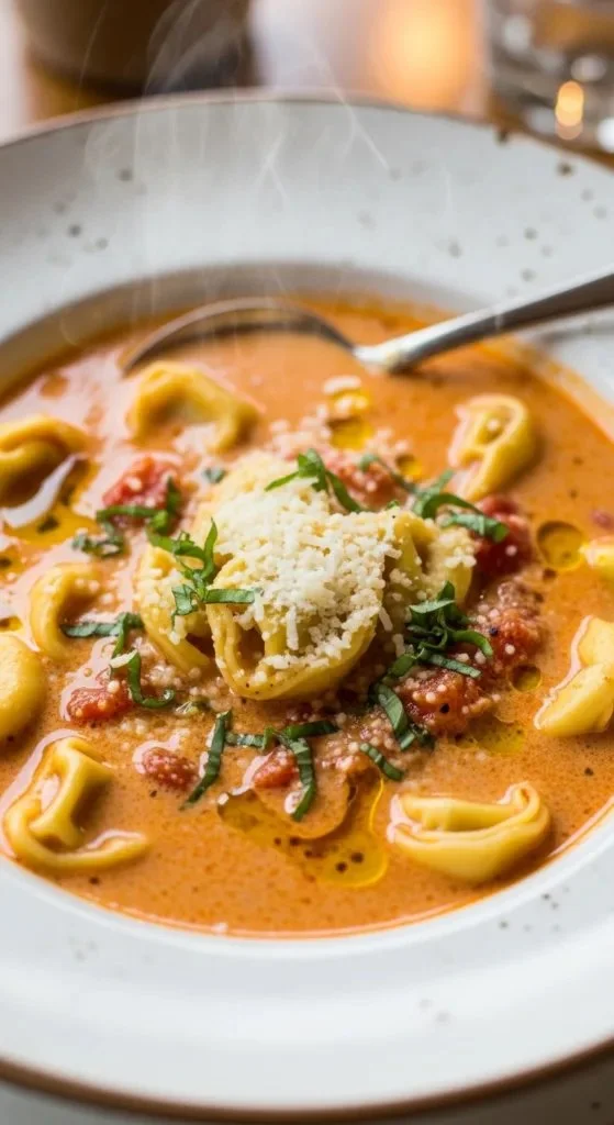 Bowl of Parmesan Tomato Tortellini Soup garnished with fresh herbs