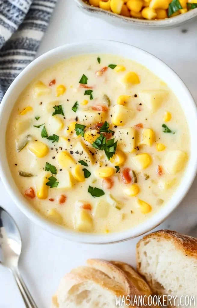 Bowl of creamy Potato Corn Chowder with potatoes and corn