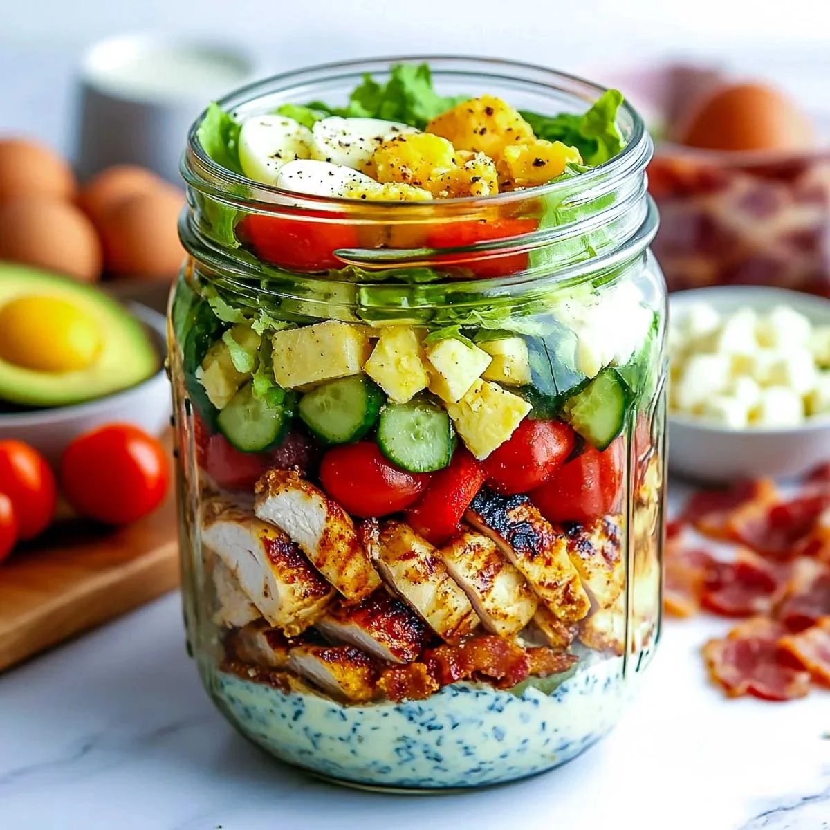 Protein-Packed Cobb Mason Jar Salad in a clear jar with fresh ingredients