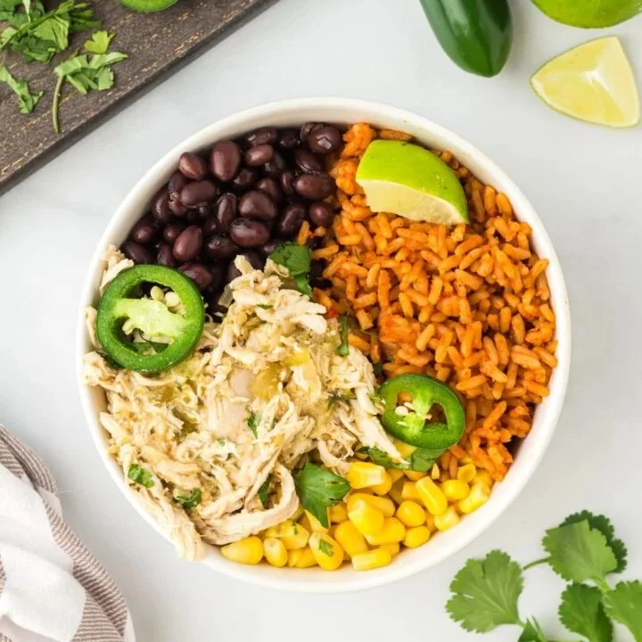 Plate of Salsa Verde Chicken garnished with fresh cilantro and lime