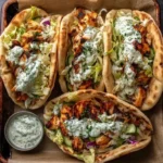 Sheet pan chicken pitas served with herbed ranch dressing on a plate.