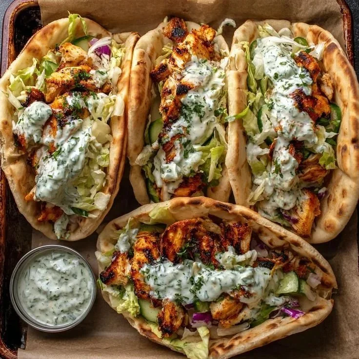 Sheet pan chicken pitas served with herbed ranch dressing on a plate.