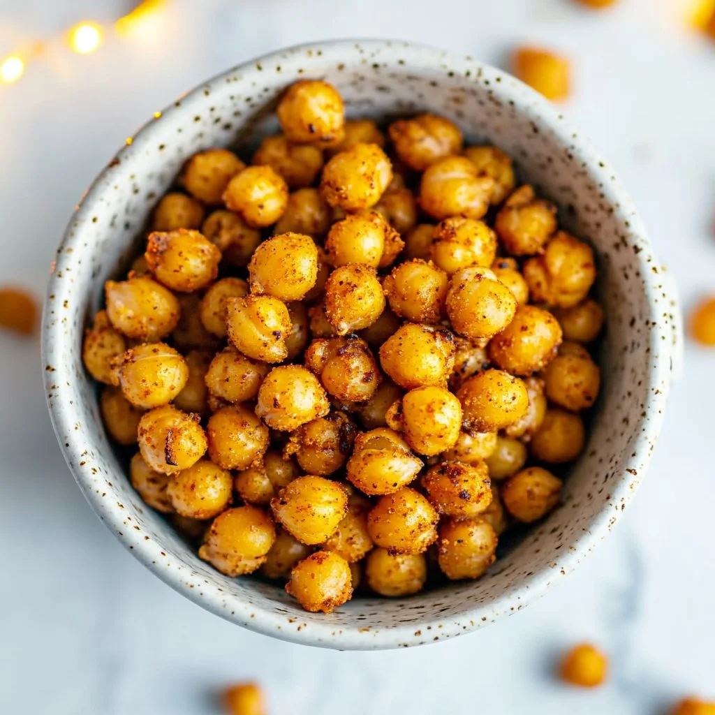 Spicy roasted chickpeas served in a bowl, perfect for snacking.